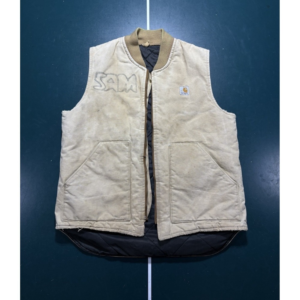 VTG 80s Carhartt Full Zip Canvas Duck Vest Medium Union Made USA Beige Tan Flaws